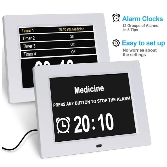 Dementia Clock Digital Clock w/ Dimmer 8 Inch White Wall Mountable Stand Plug In - Picture 2 of 9